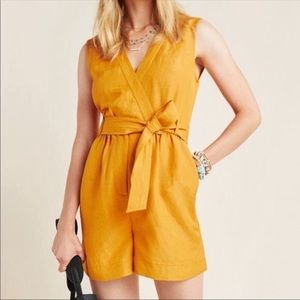 ANTHROPOLOGIE Maeve Mustard Yellow Luana Linen Short Romper Size 4